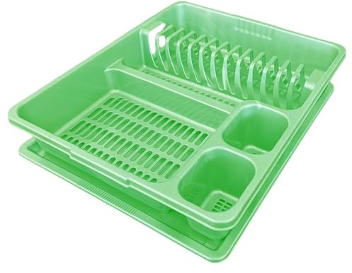 STL Plastic Dish Rack with Drip Tray - 13 Plate Capacity - 5 Color Options - Food-Grade BPA-Free - Kitchen Organizer (Lime Green)