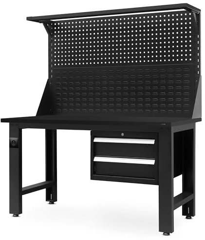 Jan Nowak Werkbank mit Werkzeuglochwand Werktisch mit 2 Schubladen Steckdose Metall MDF Tischplatte Belastbar bis 600 kg Pulverbeschichtung 170 cm x 150 cm x 75 cm (Schwarz-Schwarz)