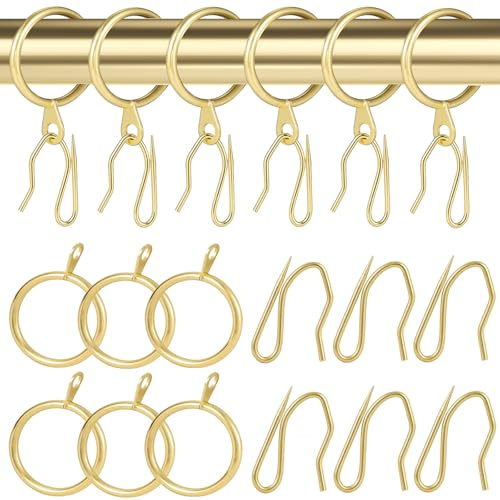 32 pcs Metal Drapery Curtain Rings Curtain Hanging Rings and 32 pcs Metal Curtain Drapery Pin Hooks for Window Door Shower Curtain, 30 mm/1.18 inch Internal Diameter (Gold)…