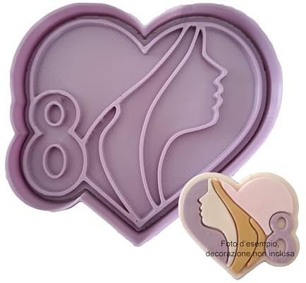 Tagliabiscotti.it - Festa della Donna - Tagliabiscotti a cuore con silhouette viso donna e numero 8 - Cookies Cutter - Stampo/Formina per biscotti - Dimensione 8cm x 7cm x 1,2cm