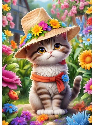 DPHERO DIY Katze im Hut Diamant Painting Bilder für Erwachsene Anfänger,5D Blumen Diamond Painting Set,DIY Runde Steine Kätzchen Diamant Kunst Kits, Diamant Painting für Zuhause Dekor 30x40 cm