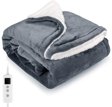 PROALLER Heated Blanket Electric Throw 160x130CM, 10 Levels &1-9H Timer Auto-Off, Machine Washable, Soft Flannel Sherpa Full Body Warming, Sofa Bed Office Use, Heating Blanket