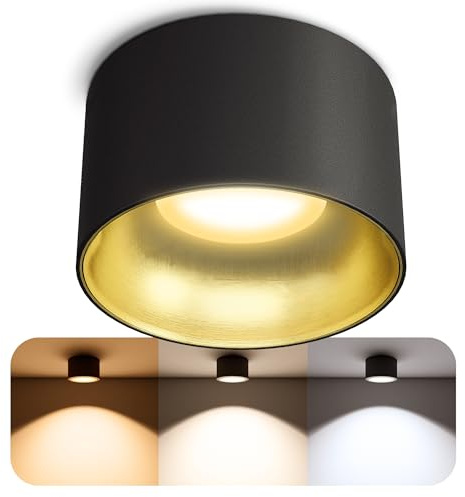SSC-LUXon BAHIO Einbauspot schwarz-gold Ø85mm 4W 3 Lichtfarben inkl LED | Design-Deckenspot mit goldener Innenblende - warm / neutral / kalt, nur 15mm Einbautiefe, für Wohnzimmer & Flur, inkl. LED