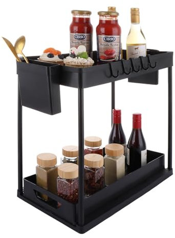 ASelected Under Sink Storage Kitchen Organiser 2 Tier Sliding Kitchen Storage Under Sink Shelf with 5 Hooks and 2 Hanging Cup for Kitchen, Bathroom, Pantry, Black