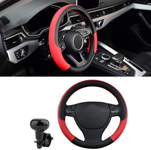 HIAHXC Lenkradbezug Auto, Lenkradhüllen Auto, Universal Größe 38 cm, Rot, Leder