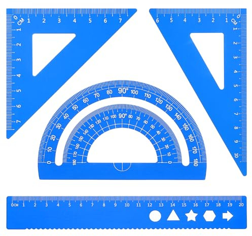 PATIKIL Set di Squadra Triangolare, Righello Metrico 20cm in Alluminio, Squadra Triangolare 45°60° e Goniometro, 4Pz, Blu