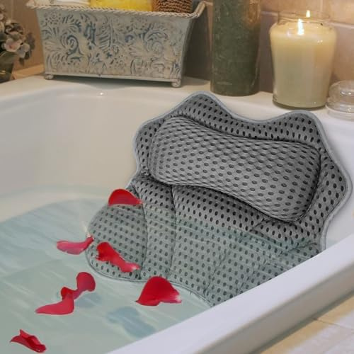 4D Ergonomic Bath Pillow - Neck & Back Support with Air Mesh Technology, Strong Suction Cups - Fits All Bathtubs, Hot Tubs & Home Spas (Grey)