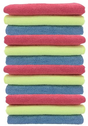 Tek Automotive 300GSM Microfibre Cloths for Cars – Pack of 12 (Yellow, Red & Blue) 40x30cm Lint-Free Car Detailing & Cleaning Cloths