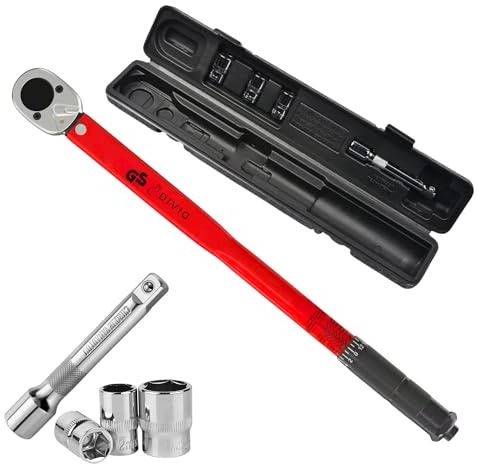 DIVID® Drehmomentschlüssel, 6-teiliges Set inkl Aufbewahrungsbox, inkl 3 Stecknüssen und Verlägerung, TÜV Süd GS 1/2 Zoll CrV (Rot)