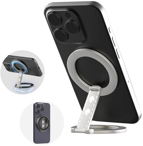 Fofvccv for MagSafe Double Sided Magnetic Phone Ring Grip Holder 9D Silver | 360° Rotatable Kickstand Detachable Magnetic Phone Loop Grip Stand with Iron Pad for iPhone 16/15/14/13/12/Samsung/Google