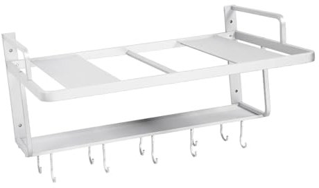 Greensen Support de Four à Ondes en Aluminium, étagère de Rangement Murale de Cuisine, Organisateur avec Plusieurs Crochets pour Suspendre, Conception Peu Encombrante pour Cuisine