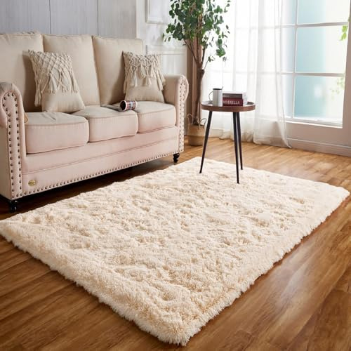 Achiiso Beige Hochflorteppich 160x230cm Flauschig Teppiche für Wohnzimmer | Hochflor 4-5 cm, Rutschfeste, Hochwertiger Schaumstoff, für Kinderzimmer, Babyzimmer, Schlafzimmer