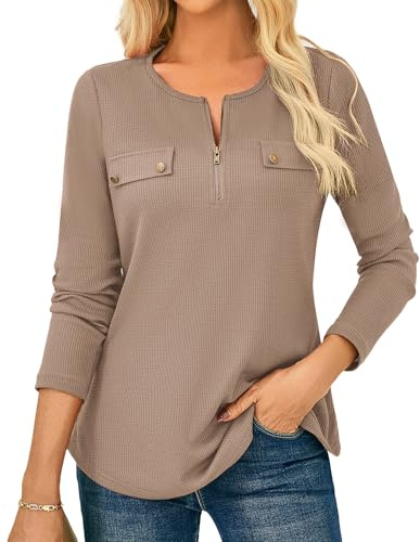 GRACE KARIN Långärmade tröjor med rund hals för kvinnor, våffelsweatshirt, vardagliga toppar, Khaki, M