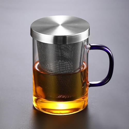 Xfeyaqlo Taza Te 450ml Vidrio, Tazas Infusiones con Tapa y Filtro Gran Capacidad, Un Buen Recipiente, Más Agradable Degustación (Asa Azul)