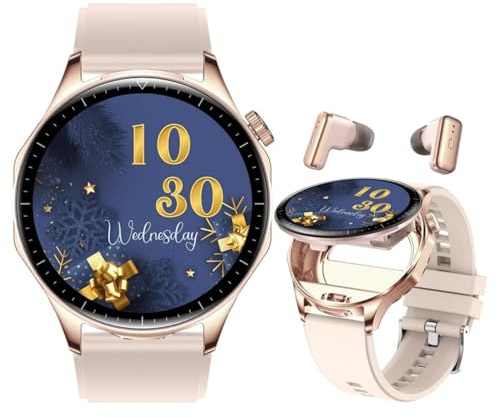 Rainbuvvy Smartwatch avec écouteurs sans Fil, Montre Bluetooth pour Hommes et Femmes, écran AMOLED 1,43 Pouces, Traqueur Sportif, Fréquence Cardiaque, Moniteur de Sommeil,100+ Modes Sport (Or)
