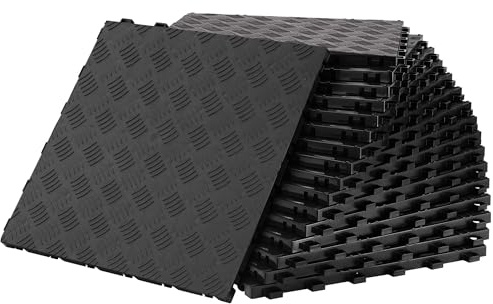 25 Stück Ineinandergreifend Garagenboden Fliesen, 400x400x18mm, Schwarz | Industrieboden, Rutschfeste doppelseitige Struktur, Für Garagen, Keller, Reparaturwerkstätten