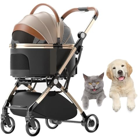 Hundekinderwagen, zusammenklappbarer Haustierbuggy mit Regenschutz, Hundebuggy für mittelgroße und kleine Hunde, teilbarer Haustier-/Katzen-/Hundebuggy, Trolley, Reiseträger mit Getränkehalter (Gold A