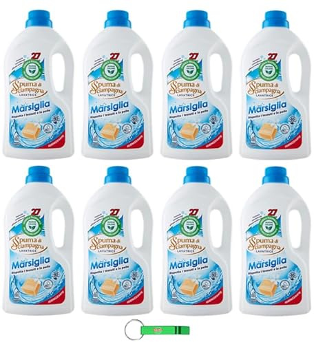 8x Spuma Di Sciampagna Waschmittel Marseille - Hygiene-Flüssigwaschmittel mit konzentrierter Formel und wirksamer Fleckenbekämpfung 27 Wäschen 1215ml + Beni Culinari Kostenloser Schlüsselanhänger