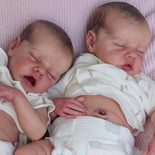 ROSHUAN Realistische Reborn Babypuppen Silikon Ganzkörper Zwillinge Mädchen 18 Zoll Real Life Babypuppe Weiches Vinyl, das echt aussehen Zwei Babys Lebensechte Neugeborene Babys Zwillinge Puppen