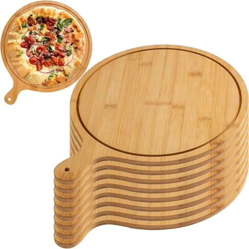 Juego de 6 tablas de pizza de madera, platos redondos de bambú de primera calidad con asa, ligeros y cortadores de pizza para el hogar y restaurante, perfectos para pizzas de 12 a 13 pulgadas