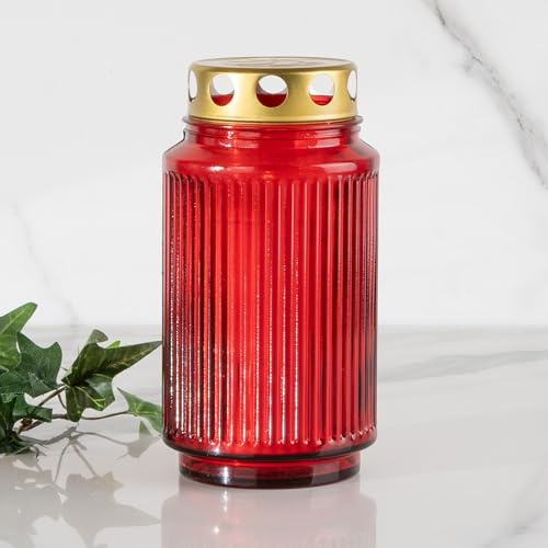 HOFER Grabkerze aus Glas mit Nachfüllkerze, Grablaterne, rot, LUNA | Wiederverwendbare Grabdeko & Grabschmuck, Trauerkerzen, Grablicht, Friedhofskerze