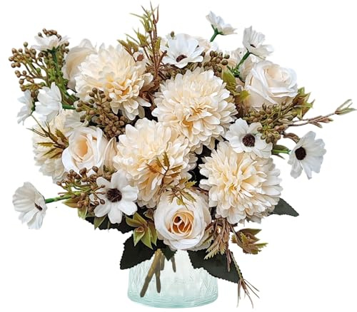 Jusdoja Kunstblumen Wie Echt 4 Bündel Kunstblumenstrauß Hortensien Weiß | Mit Kunstrosen, Gänseblümchen. Für Innen & Draußen, Hochzeit, Büro, Zimmer & Tischdeko.