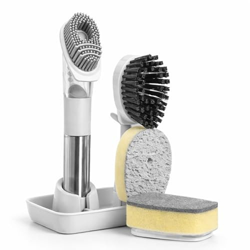 Dish Cleaning Set - 4 in 1 Kit with Soap Dispensing Handle & Storage Holder – Includes Scouring Sponge, Wood Pulp Sponge, Silicone Brush and Bristle Brush - For Kitchens, Travel and Workplaces