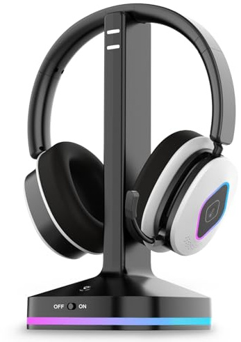 Earbay 2.4GHz Wireless Gaming Headset für PS5/PS4, Switch – Lossless Audio & 6.0 Bluetooth Headset mit klappbarem mikrofon, 40 Std. Akkulaufzeit, RGB Transmitter Basis, kompatibel mit Xbox & Laptop