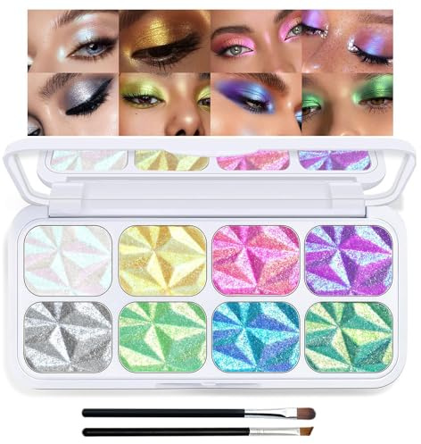 8 färger, kameleont, ögonskugga, sminkpalett, diamant, hållbar, vattentät, glitter, ögonskugga, intensiv färg, holografisk, regnbåge, skimmer, ansikte, highlighter för glänsande smink (2 penslar)