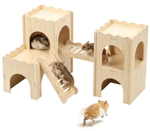Toaboa Hamsterhus i 2 lager, naturligt trä, flerkammarhus, avtagbart hamster, klätterhus, trä med gömställe och 2 stege, Hamsterburg, lekhus för racingmus, igelkott, marsvin, möss