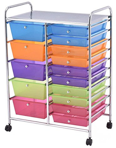 COSTWAY Carrito Auxiliar con Ruedas, Carro Almacenaje con 15 Cajones Apilables, Carrito Organizador con Ruedas Bloqueables de Metal para Cocina Oficina, Baño, 37x63x87cm (Multicolor Transparente)