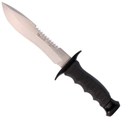 Muela Cuchillo Big Mountain 85-161 hoja de acero ACX-380 de 15 cm y empuñadura de goma negro para Caza, Pesca, Supervivencia y Bushcraft Realizado en Ciudad Real + Portabotellas de regalo
