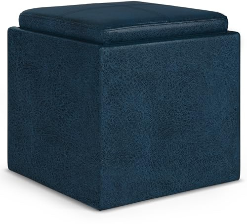 SIMPLIHOME Rockwood Cube Storage Ottoman with Tray - 17 inch Wide Upholstered Vegan Leather Square Storage Ottoman in Distressed Dark Blue, Contemporary Cube Ottoman for Living Room with Serving Tray