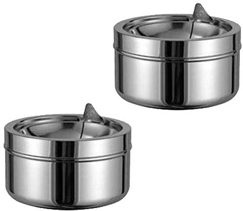 Land-Haus-Shop® 2 Stück Aschenbecher mit Deckel, Windascher mit Klappdeckel Windaschenbecher 12,0 cm Durchmesser Metall Chrom