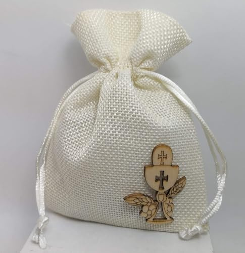 PuntoCasaStore Lot de 10 sachets de 10 x 13 cm en jute crème porte-dragées avec calice de communion en bois 4 cm