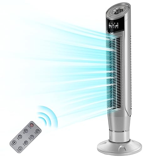 Antarctic Star Tower Fan 360°Oscillating Fan Quiet Cooling 24H Timer Remote Control Powerful Standing 8 Wind Speed 3 Wind Modes Ionizer Mode Bladeless Portable LED Display,Bedroom 40-Inch SILVER