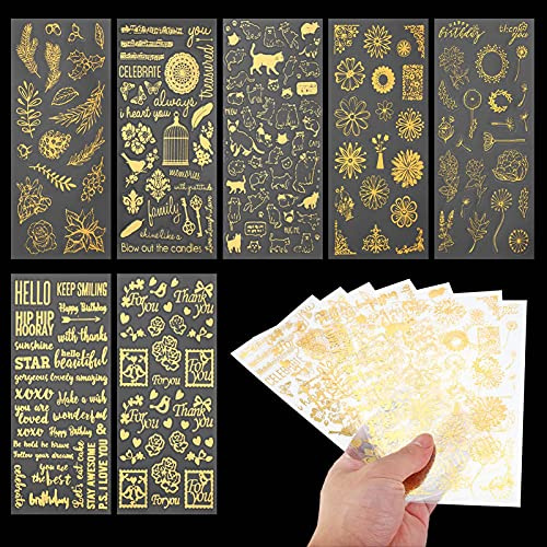 olyee 7 Blatt Scrapbooking Sticker Selbstklebende wasserdichte Aufkleber für Scrapbooking und DIY Handwerk Inklusive Frische Blüten Blätter Elegante Buchstaben Schöne Vögel Süße Katzen(Gold)