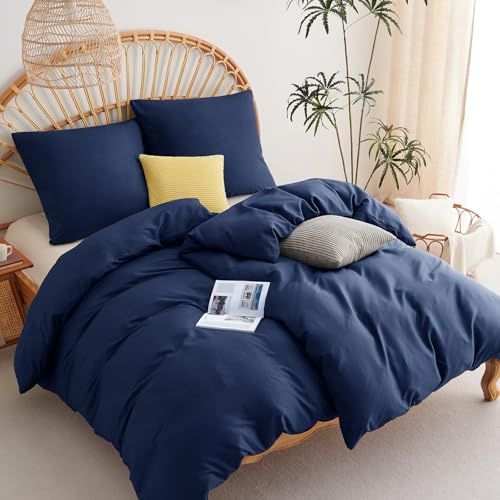 WAVVE Bettwäsche Blau 135x200 4teilig - 80x80 Kissenbezüge, Mikrofaser | Bettbezug 2er Set 135x200cm mit 2 Kissenbezüge 80x80cm mit Reißverschluss, Oeko-TEX, Weich & Bügelfrei, Marineblau
