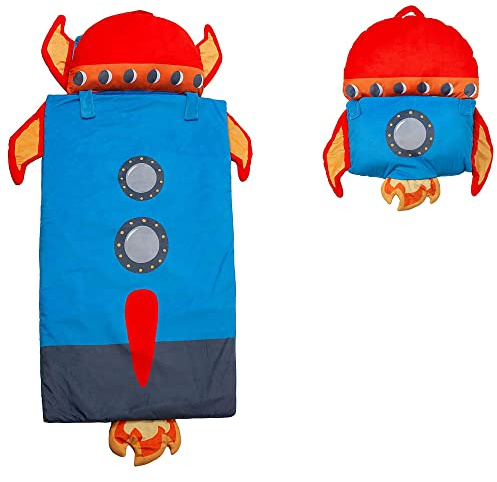Boy's Nap Buddies Rocket Ship Preschool Nap Mat, Toddler Sleeping Bag with Pillow for Daycare, Ages 3+