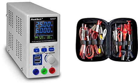 PeakTech P 6227 – DC Labor Netzteil 0-60 V / 0-6 A mit farbiger LCD Anzeige & Peak Tech P 8200 – Messzubehör Set für Digital Multimeter, Prüfkabel Set, batteriebetrieben - 14-teilig inkl. Tasche