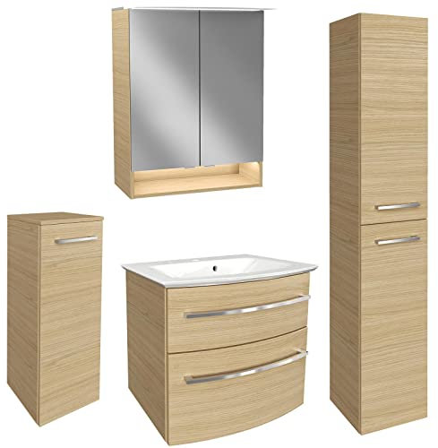 FACKELMANN Badmöbel Set B.Style 5-TLG. braun Unterschrank Links & Mineralgusswaschbecken & LED Spiegelschrank - Made in Germany