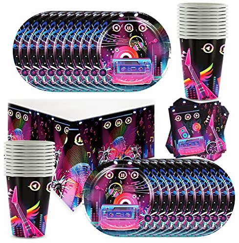 Shamoparty 61-Piece Party Set Disco for Children's Birthday Party with Plates + Cups + Napkins + Tablecloths Decorative Disco Party Tableware Music Table Decoration Theme Party