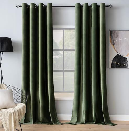 MIULEE Olive Green Velvet Curtains for Bedroom 2 Panel Set 90 Inch Drop Curtains, Soft Elegent Home Decor Velvet Curtain Living Room, Sun Blocking Room Darkening Thermal Eyelet Curtain 66x90 Inch