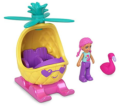 Polly Pocket Sammler-Micro-Mini-Metallfahrzeug, bewegliche Puppe und Haustier-Set Â– Polly's Friend Puppe mit Ananas-Hubschrauber und Hot Pink Flamingo Sidekick Spielset