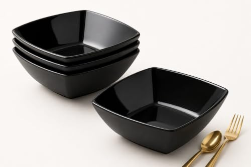 Buzztrove 4 Pack Plastic Bowls 19x19cm Black – Reusable Square Serving Bowls – Durable Plastic Pasta, Fruit & Salad Bowls – Lightweight Black Party Bowls.