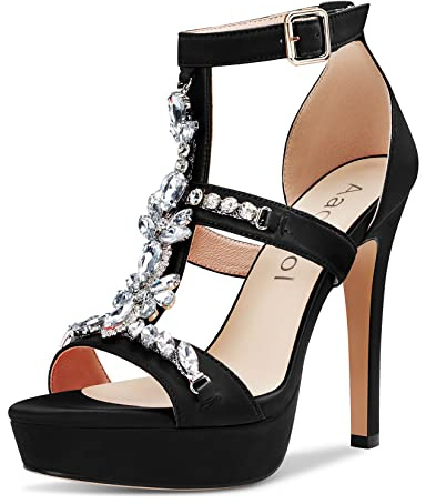 Aachcol Femmes Plate-forme Aiguille Haut High Talon Heel Romaines Sandales Lanières Cheville Slingback Rond Ouvert Bout Dress Chaussures Bureau Party Mariage Satin Noir 12 CM 38 EU