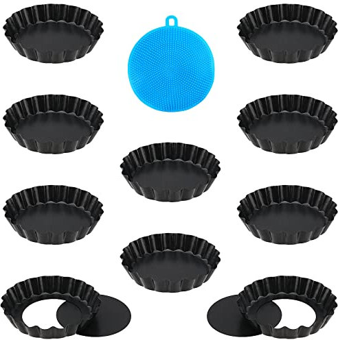 PINGEUI NGOSUET 10 mini moldes para tartas de 10 cm con base elevadora, forma de quiche, antiadherente, molde para tartaletas, moldes pequeños, base para tartas, molde para hornear tartas y tartas de
