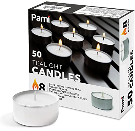 PAMI Premium Long-Lasting with 8 Hours Burning Time Unscented Round Tealight Candles [50-Pack] - Paraffin Tealights with Beautiful Flame- Perfect for Votive Candle Holders