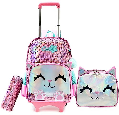 HTgroce Sac à dos Trolley Licorne 3 en 1 pour l'école primaire et la maternelle - Avec sac de transport et poche pour crayons, Chats., 42 x 30 x 20 cm, 25.2L, jeune