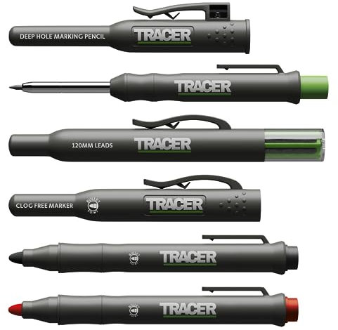 Tracer Markierungsset – Tiefloch-Schreinerbleistift, Ersatzminen x 6 und 2 verstopfungsfreie Marker mit Holster